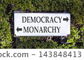 Democracy or monarchy words symbol. Concept words Democracy Monarchy on beautiful white sign plate. Beautiful green leaf background. Business democracy monarchy concept. Copy space 143848413