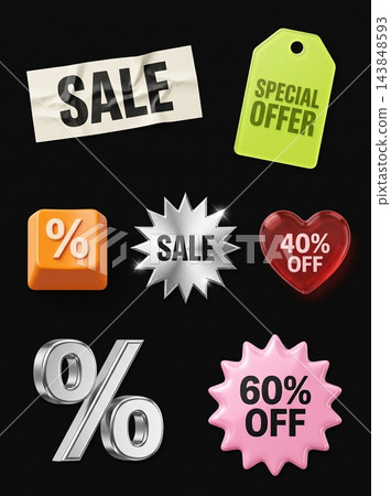 Modern sale discount stickers collection with percentage with stickers arranged Modern sale discount stickers collection with percentage with stickers arranged 143848593