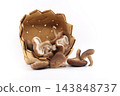 Fresh Shiitake Mushrooms Spilling Out of Woven Wooden Basket Isolated on White Background 143848737