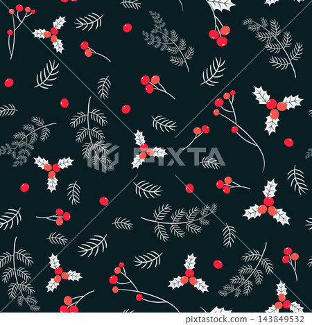 Vector seamless pattern with berries and pine branches on dark background for Christmas and winter designs Vector seamless pattern with berries and pine branches on dark background for Christmas and winter designs 143849532