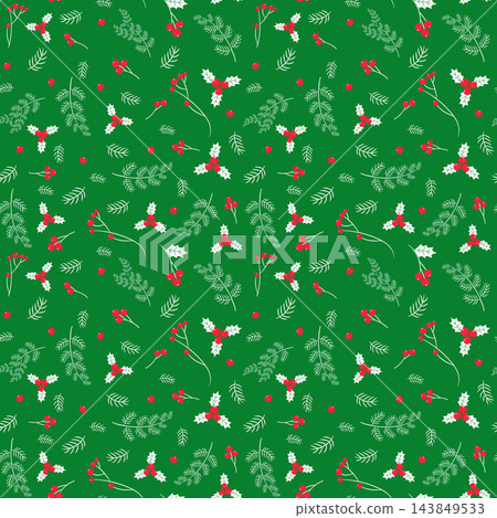 Green and red vector seamless pattern with berries and pine branches for Christmas and winter package designs and backgrounds Green and red vector seamless pattern with berries and pine branches for Christmas and winter package designs and backgrounds 143849533