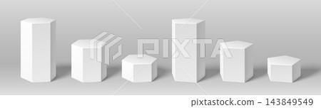 White hexagonal podiums and pentagon platforms White hexagonal podiums and pentagon platforms 143849549