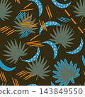 Abstract seamless tropical pattern with palm leaf shapes, crescent moon forms, scattered brush strokes, and bold retro colors on dark background, ideal for wallpaper, fabric, wrapping, and decor. 143849550