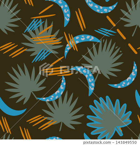 Abstract seamless tropical pattern with palm leaf shapes, crescent moon forms, scattered brush strokes, and bold retro colors on dark background, ideal for wallpaper, fabric, wrapping, and decor. Abstract seamless tropical pattern with palm leaf shapes, crescent moon forms, scattered brush strokes, and bold retro colors on dark background, ideal for wallpaper, fabric, wrapping, and decor. 143849550