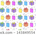 shopping bag and gift box with confetti birthday seamless pattern colored hand drawn illustration. Vector graphic line ink art. Design for package, cosmetic, textile, cards. 143849554