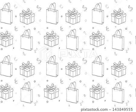 shopping bags and gift box with confetti birthday seamless pattern black and white hand drawn illustration. Vector graphic line ink art. for package, holiday design, fabric and textile. 143849555