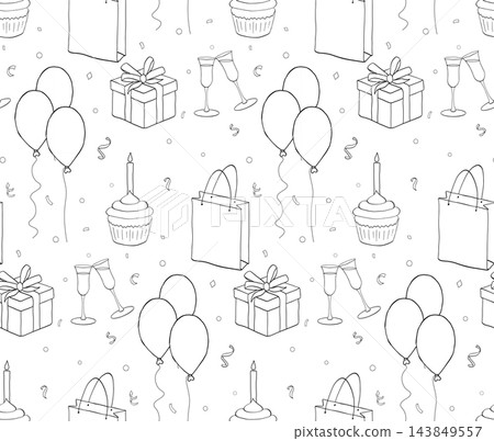 Birthday party seamless pattern colored hand drawn illustration. Vector graphic line ink art. Perfect for logo, branding, packaging, labels, and modern decor design., web, package, sticker. 143849557
