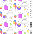 Happy Birthday seamless pattern colored hand drawn illustration. Vector graphic line ink art. Party decoration, gift box, cake, party. For logo, web, package, sticker. cosmetic, textile, cards. 143849558