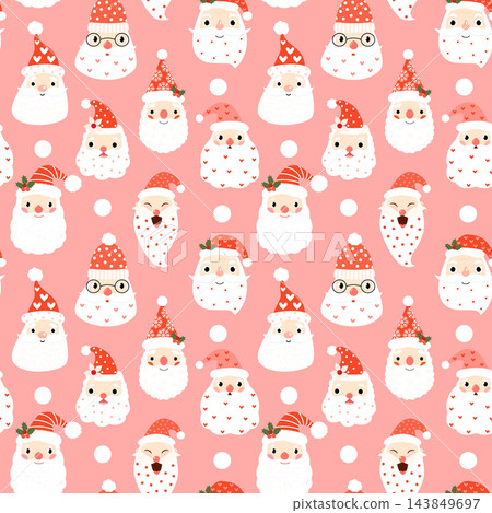 Cute seamless pattern with hipster Santa faces on pink background for Merry Christmas and Happy New Year designs and wrapping paper Cute seamless pattern with hipster Santa faces on pink background for Merry Christmas and Happy New Year designs and wrapping paper 143849697
