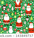 Seamless vector Christmas Santa Claus pattern in green and red colors with penguin, snowman and holiday trees 143849737
