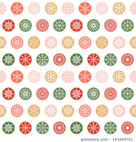 Modern luxury seamless pattern design with snowflake ornaments in round scalloped shapes in green, red, pink and gold colors 143849781