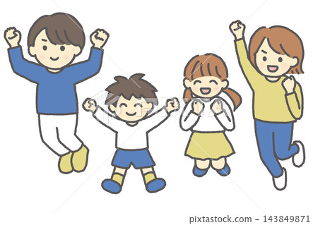 A full-color illustration of a family of four (parents, children, boys and girls) jumping for joy, wearing long sleeves. A full-color illustration of a family of four (parents, children, boys and girls) jumping for joy, wearing long sleeves. 143849871