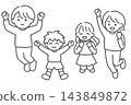 一幅線條畫插圖，描繪了一家四口歡呼雀躍，其中包括父母、孩子（男孩和女孩），以及長袖。 143849872