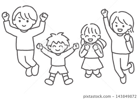 A line drawing illustration of a family of four jumping for joy, including parents, children (boys and girls), and long sleeves. A line drawing illustration of a family of four jumping for joy, including parents, children (boys and girls), and long sleeves. 143849872