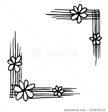 Hand-drawn floral corner frames. Simple vector black outline drawing, flowers, stripes, strokes. For the decoration of postcards, labels. Hand-drawn floral corner frames. Simple vector black outline drawing, flowers, stripes, strokes. For the decoration of postcards, labels. 143850131