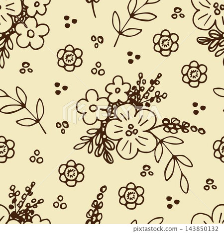 Simple floral hand-drawn vector seamless pattern in rural style. Flowers, twigs, dots on a light beige background. For fabric prints, textile products, clothing, home decor. Simple floral hand-drawn vector seamless pattern in rural style. Flowers, twigs, dots on a light beige background. For fabric prints, textile products, clothing, home decor. 143850132