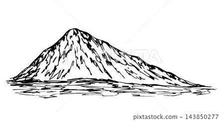 Hand-drawn vector drawing in engraving style. High mountain, wilderness, landscape. For prints, labels, tourism, mountaineering. Hand-drawn vector drawing in engraving style. High mountain, wilderness, landscape. For prints, labels, tourism, mountaineering. 143850277