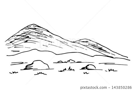 Simple hand-drawn vector black and white sketch. Mountain landscape, desert rocky terrain, dry grass. Nature, tourism and travel. 143850286
