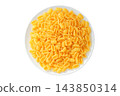 Pasta gnocchi on ceramic plate isolated on white background.  Various of uncooked pasta. Served with minced meat, thick vegetable sauces, or cheese sauces. Top view. 143850314