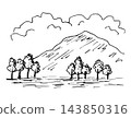 Simple hand-drawn vector drawing in black outline. Nature, landscape, mountain silhouette, deciduous trees in the foreground, clouds. Ink sketch. 143850316