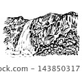 Hand-drawn vector drawing in engraving style. Wildlife, mountain landscape, waterfall, trees, rocks. Nature, recreation and travel. For prints of cards, labels. 143850317
