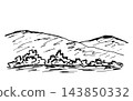 Simple hand-drawn vector drawing in black outline. Mountain landscape, trees and bushes in the foreground. Nature, hilly terrain. Sketch in ink. 143850332