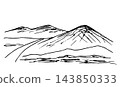 Simple hand-drawn vector drawing in black outline. Mountain landscape, road, hilly area, wilderness. Nature, rocks. For prints, postcards, labels. 143850333