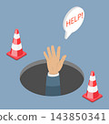 3D Isometric Flat Vector Illustration of Ask For Help, Entrepreneur Trapped In Pit Needs Assistance. 143850341