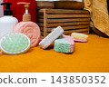 Bathroom Accessories for Foot Care. Pumice stone and brush for heels and legs. Converter for heel scrub 143850352