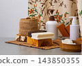 Soap and Dispensers bottles. Natural eco set of shower gels and lotions and a washcloth 143850355