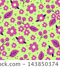 Simple floral vector seamless pattern in pink colors. Flowers, berry leaves on a light green background. For prints of fabric, textile products, clothing, bed linen. 143850374
