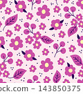 Simple floral vector seamless pattern in pink colors. Flowers, berry leaves. For prints of fabric, textile products, clothing, bed linen. 143850375