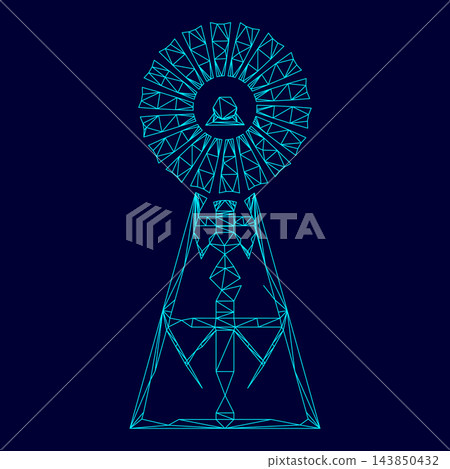 Wind turbine windmill classic american low poly triangulation triangulated polygonal electric cyan blue vibrant aqua neon color vector illustration image outline contour line Wind turbine windmill classic american low poly triangulation triangulated polygonal electric cyan blue vibrant aqua neon color vector illustration image outline contour line 143850432