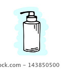 Simple vector doodle drawing in black outline on a blue white background. Hand disinfection, antiseptic spray in a bottle, cleansing, care, protection against germs. Sanitizer, medications. 143850500