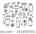 Simple hand-drawn vector doodle black outline drawing. Set for face and body care, skin. Cream, mask, shampoo. Natural cosmetics, spa beauty salon. Elements for product decoration. 143850501