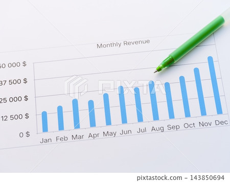 A monthly revenue bar chart showing growth in dollars with a green pen pointing to the August column A monthly revenue bar chart showing growth in dollars with a green pen pointing to the August column 143850694