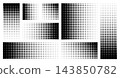 Halftone gradient rectangles with fading dot patterns. Texture backgrounds featuring geometric point designs and smooth tonal transitions for modern graphics. 143850782