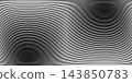 Halftone wave texture with flowing lines creating moire pattern effect. Gradient stripes fade smoothly across white background with geometric linear design elements. 143850783