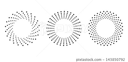 Circle dot pattern with sunburst rays and halftone spiral texture. Radial frame with concentric rings and radiating beams. 143850792