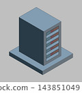 Data center server rack in isometric perspective, with illuminated network equipment on a raised platform. 143851049