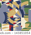 Abstract geometric composition with layered brush like shapes, bold navy, tan, green, red, cream, and gray blocks, creating dynamic modern pattern for wallpaper, textile, poster, and surface design  143851054
