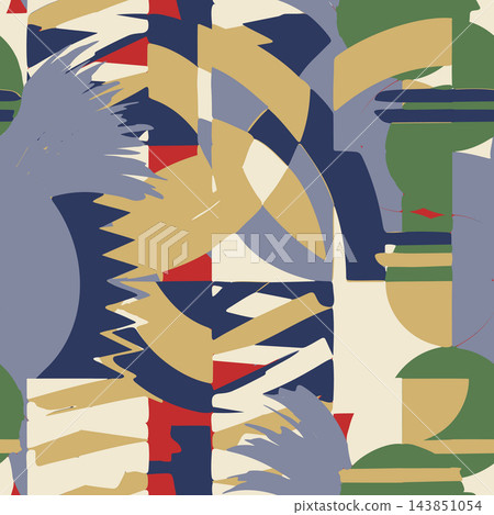 Abstract geometric composition with layered brush like shapes, bold navy, tan, green, red, cream, and gray blocks, creating dynamic modern pattern for wallpaper, textile, poster, and surface design Abstract geometric composition with layered brush like shapes, bold navy, tan, green, red, cream, and gray blocks, creating dynamic modern pattern for wallpaper, textile, poster, and surface design 143851054