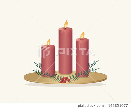 Three candles and an evergreen tree as a centerpiece Three candles and an evergreen tree as a centerpiece 143851077
