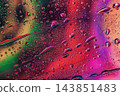 Water drops on glass surface reflecting colorful neon lights. Macro view of liquid water droplets on transparent glass, vibrant neon red, green, purple, yellow light reflections, abstract background 143851483