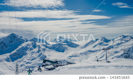 Panoramic snowy ski resort on Mont Elbrus slopes with lifts and alpine peaks under layered cloud sky Panoramic snowy ski resort on Mont Elbrus slopes with lifts and alpine peaks under layered cloud sky 143851685