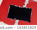 Torn red and black paper reveals music sheet beneath, paper collage with rough edges, layered composition. Natural background of paper for music poster, album cover, event design, branding 143851829