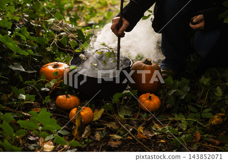 Witch stirring cauldron in woods with Halloween pumpkins  143852071