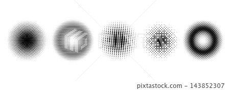 Halftone circle shape collection. Round gradient pattern set. Pixelated radial bitmap texture frame pack. Fading comic pop art elements. Vector circular raster dot or line spots for poster, collage Halftone circle shape collection. Round gradient pattern set. Pixelated radial bitmap texture frame pack. Fading comic pop art elements. Vector circular raster dot or line spots for poster, collage 143852307