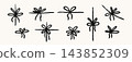 Hand drawn brush stroke bow gift set. Doodled bow ribbon collection. Sketched crayon line elements pack for gift, package, present, Christmas or birthday box decor. Scribbled tied knots bundle. Vector 143852309