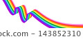 Original LGBT Pride month flag. Rainbow ribbon wave shape. Rainbow color wavy lines for banner, poster, flyer, brochure, booklet, cover. Vector colorful linear graphic design background in perspective 143852310